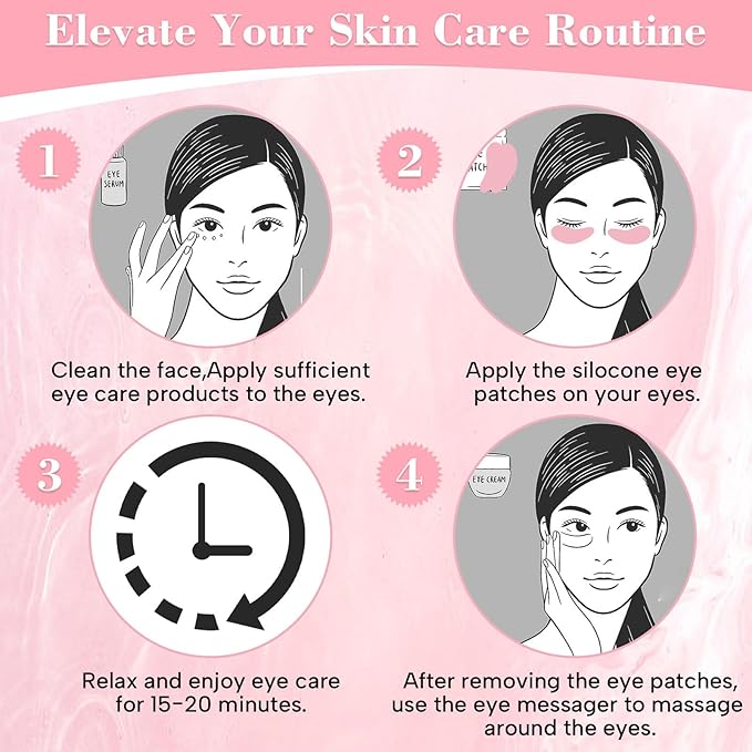 Under Eye Patches, Reusable Under Wrinkle Silicone Mask Pink, Plump Fine Lines & Wrinkles with Metal Eye Cream Applicator, Tin Case