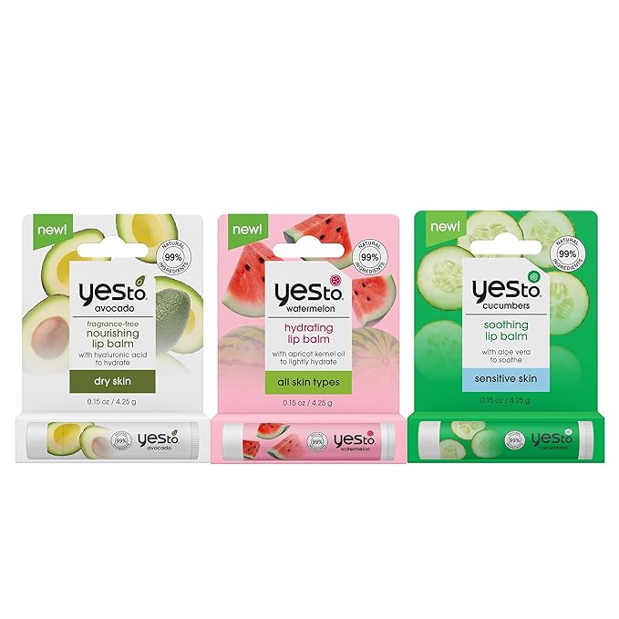 Yes To Watermelon & Cucumber & Avocado Lip Balm Variety Pack, Hydrating Non-Sticky Salves That Replenish Dry Cracked Lips & Lock In Moisture, With Antioxidants, Natural & Cruelty Free, 0.15 Oz, 3-Pack
