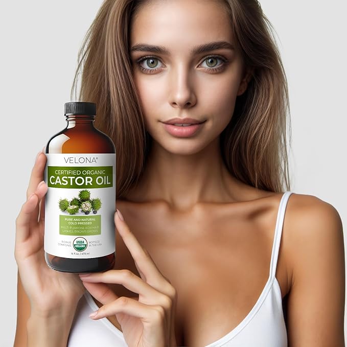 velona USDA Certified Organic Castor Oil – 16 fl oz | Cold-Pressed, Hexane-Free, USP Grade | Promotes Hair Growth, Eyelash & Eyebrow Enhancement | Skin & Scalp Moisturizer | Bottled in USA
