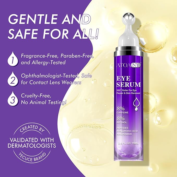 Eye Treatment Serum - 8% Caffeine & Retinol, Hyaluronic Acid, Niacinamide, Peptides - Cream for Dark Circles, Puffy Eyes, Fine Lines - 360° Eye Roller Massage Ball Included, 0.5 fl. oz