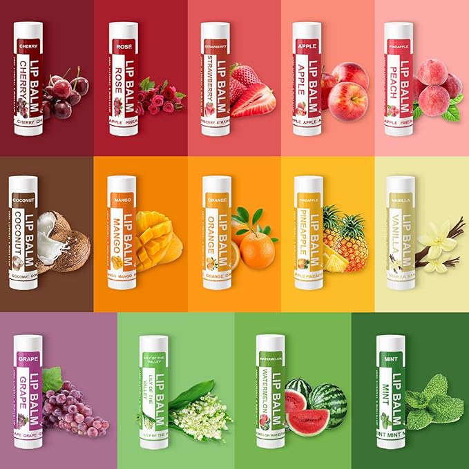 Yopela 14 Pack Natural Lip Balm in Bulk with Vitamin E and Coconut Oil - Moisturizing, Soothing, and Repairing Dry and Chapped Lips Valentine's Gift - 14 Flavors - Non-GMO - With Greeting Card
