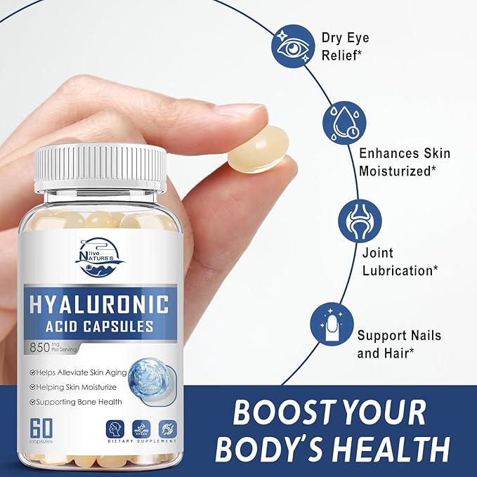 Nature's live Hyaluronic Acid Supplements, 850mg High Bioavailable Dietary Hyaluronic Acid Capsules, Double Strength Joint Lubrication, Skin Hydration, Hair & Nails Support, 60 Softgels, 1 Pack
