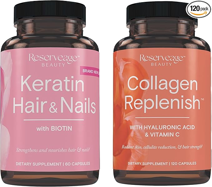 Reserveage Beauty, Keratin Hair Booster with Biotin 60 Caps & Collagen Replenish, Collagen Booster 120 Caps