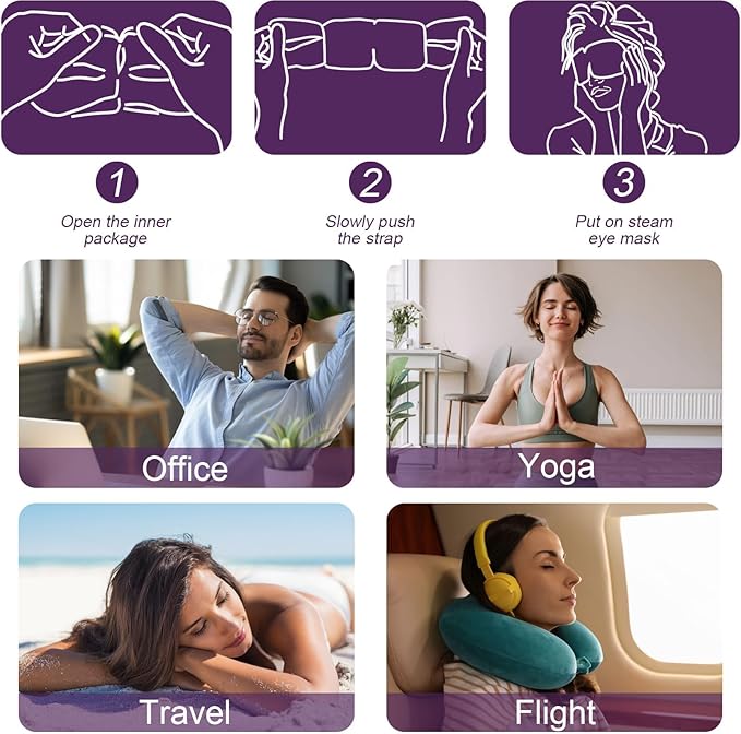 Steam Eye Mask - Self Heating, Moist Hot, Purple, Polyester, Disposable, Lightweight, Eye Mask for Puffy Eyes, Dry Eyes, Plane Travel Essentials, Great Gift for Students Adult