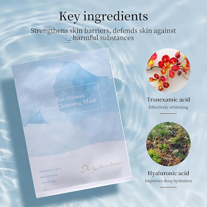 Dazzelslim Face Masks for Women & Men - 12 Facial Masks with Volcanic Mud, Hyaluronic Acid, Sea Buckthorn Oil, EGF & Tranexamic Acid for Cleanses, Hydrates & Brightens, Fragrance-Free, Made in Taiwan
