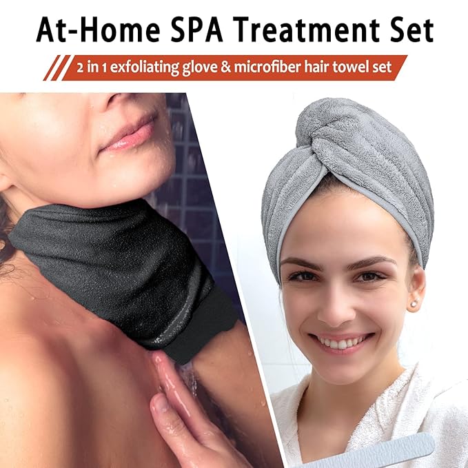 【2 in 1】Exfoliating Glove and Microfiber Hair Towel Set, Deep Exfoliating Body Scrubber for Healthy Skin Korean Exfoliating Mitt, Skin Body Exfoliator,【Super Absorbort】Hair Towel for Women Wet Hair