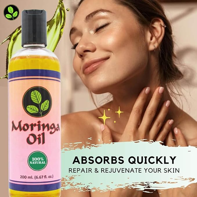 Moringa Oil 6.67 oz – Natural Face, Hair & Body Oil, 100% Pure, Cold-Pressed & Unrefined Moringa Seed Oil, Gluten-Free, Non-GMO, Vegan (200 ml)