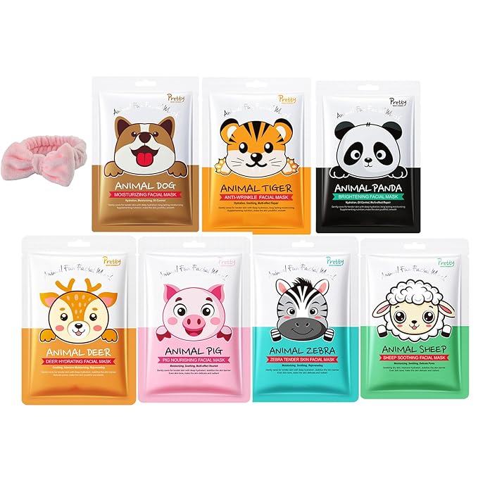 7PCS Face Mask, Cute Animals Sheet Masks, Hydrating Skin