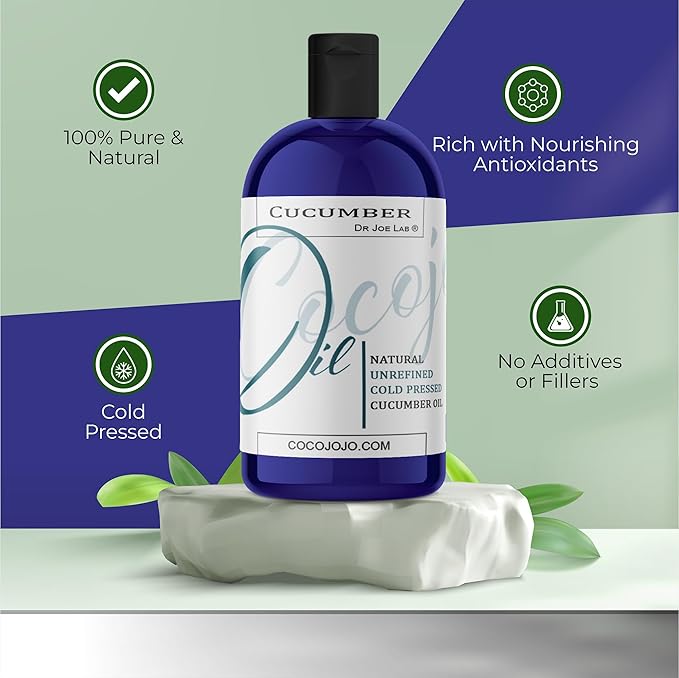 Dr Joe Lab Cucumber Seed Oil - Pure, Unrefined, Cold Pressed, Undiluted, Non-GMO, Virgin Carrier Oil for Skin, Hair, Nails, Body, Face, Beard - 16 Ounces - Nourishing Hydrating Moisturizing Bulk