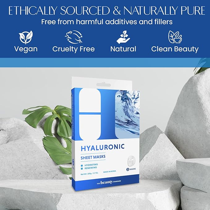 Hyaluronic Acid Sheet Face Mask - Skin Firming, Anti-Aging, Moisturizes & Plumps Skin - Dermatologist Tested, Cruelty-Free Korean Skin Care for All Skin Types - 5 Masks