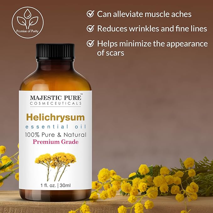 Majestic Pure Helichrysum Essential Oil | 100% Pure and Natural Helichrysum Oil | Premium Grade Essential Oils for Hair Care, Home Diffusers, Skin, Aromatherapy, Massage and Humidifiers | 1 Fl Oz