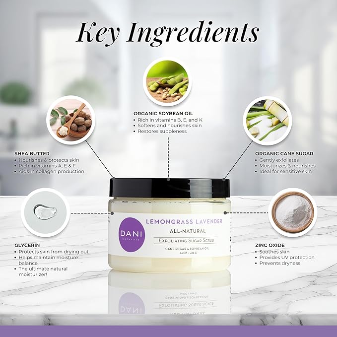 Naturals Sugar Scrub - Exfoliating Lemongrass Lavender with organic cane sugar and shea butter gently exfoliates and hydrates, leaving skin smooth and refreshed. 14 oz