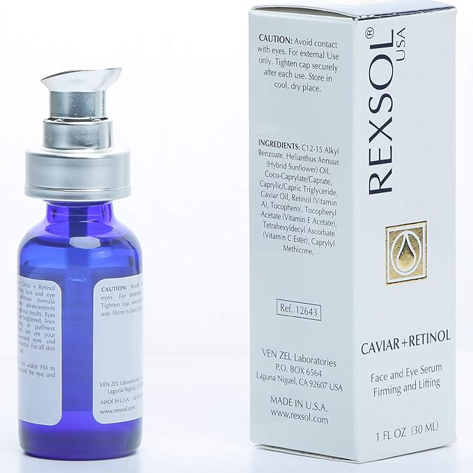 REXSOL CAVIAR + RETINOL Face and Eye Serum Firming and Lifting | With Vitamin C, Vitamin E & Vitamin A | Hybrid Sunflower & Caviar Oil | Revives the tone and texture of youthful skin. (30 ml/1 fl oz)
