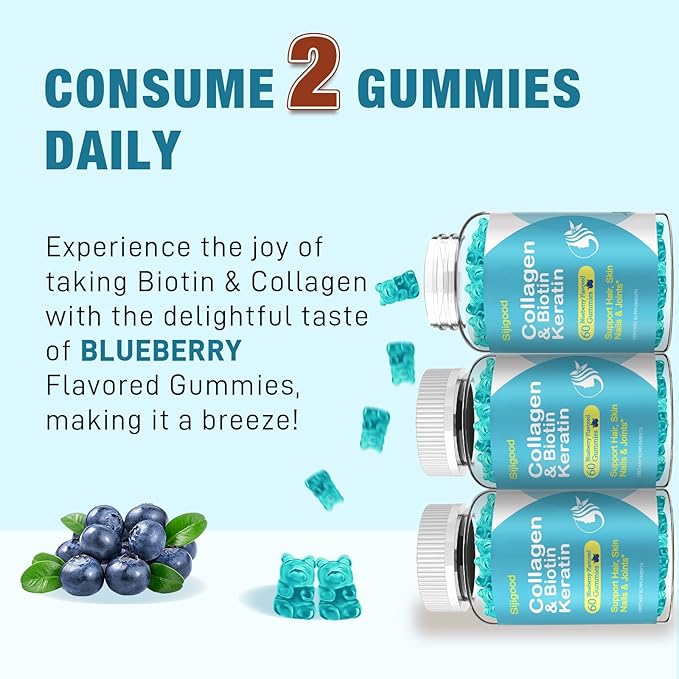 Biotin Gummies with Collagen, Keratin, Hyaluronic Acid, Vitamin for Skin, Hair Growth, Nails, Women Men Adults Kids - 60 Blueberry Flavored Gummies