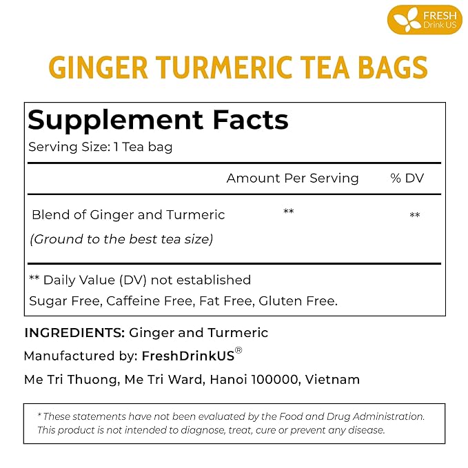FreshDrinkUS, Premium 135 Turmeric Ginger Tea Bags, 100% Natural Ingredients, Hand-made Blend of Turmeric and Ginger Herbal Tea, Eco-conscious Tea Bags. No Sugar, No Caffeine, No Gluten, Vegan.