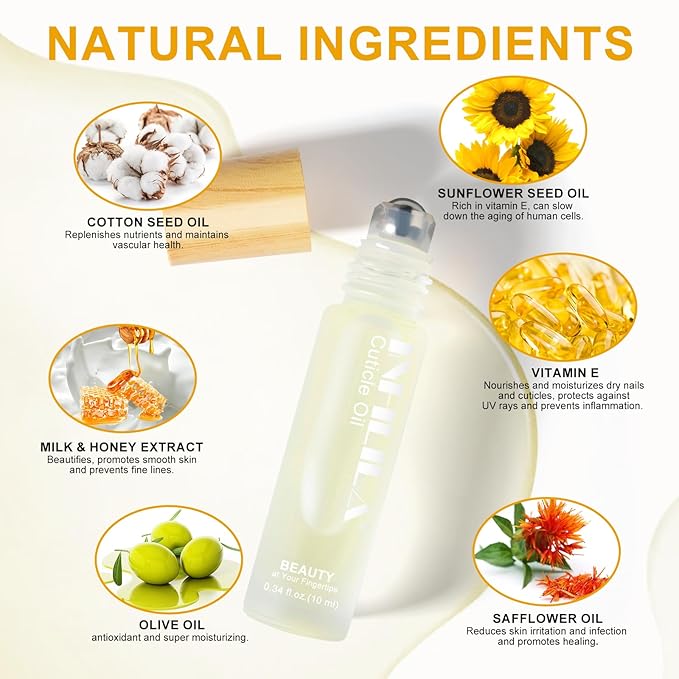 NXJ INFILILA Cuticle Oil Travel Size, Mini Cuticle Oil Repaired Dryness Nails and Cuticles, Moisturizes, and Strengthener for Nails Care Vitamin E, Milk Honey Natural Ingredients, 10ml Rollerball
