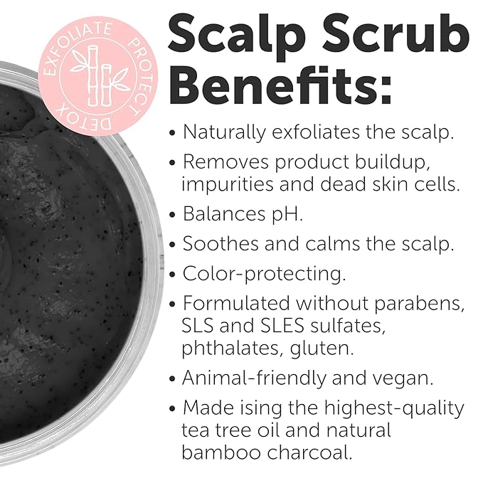Sulfate-Free Charcoal Scalp Scrub with Bamboo Charcoal & Tea Tree Oil | Exfoliating Hair & Scalp Treatment for Detox, Dandruff & Build-Up | Scalp Exfoliator Scrub (16 Fl Oz)