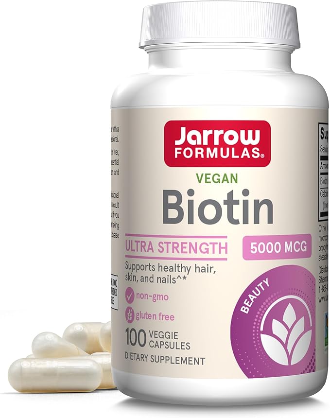Jarrow Formulas Biotin Ultra Strength 5000 mcg, Dietary Supplement, Hair, Skin, and Nails Support, 100 Veggie Capsules, Up to 100 Day Supply