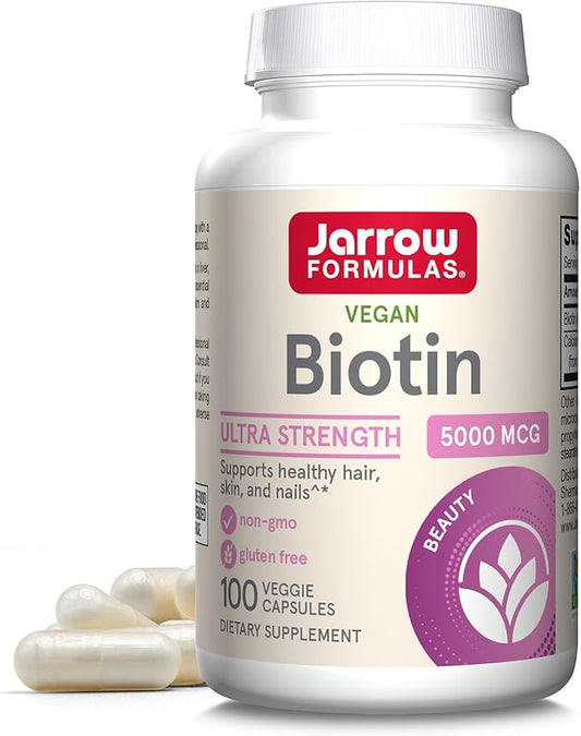 Jarrow Formulas Biotin Ultra Strength 5000 mcg, Dietary Supplement, Hair, Skin, and Nails Support, 100 Veggie Capsules, Up to 100 Day Supply