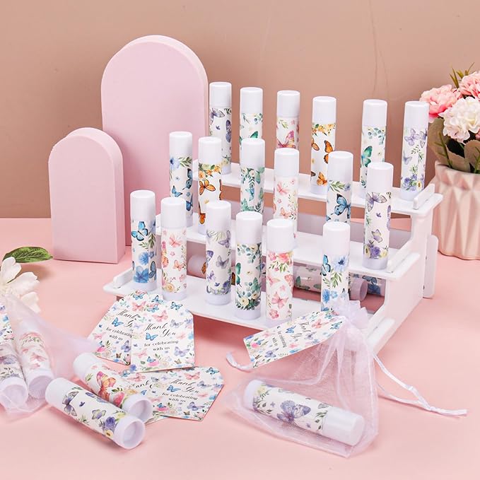 50Pcs Butterfly Baby Shower Favors Lip Balm Bulk Thank You Gift for Women Staff Moisturizing Lip Care with Organza Bag and Tag for Bridal Shower Mother's Day Party Favor Supplies (Butterfly)
