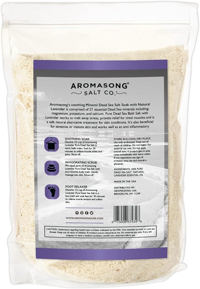 Aromasong RAW Dead Sea Salt with 100% Natural Lavender, 2.43 Lb, Not Cleaned, Still Contains All Dead Sea Minerals Including Dead Sea Mud, Fine Medium Grain Resealable Bulk Pack. (Packaging May Vary)