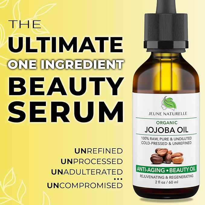 Jeune Naturelle Jojoba Oil Organic Cold Pressed - 100% Pure, Raw, Virgin, Undiluted, Unrefined - Ideal for Hair, for Skin, for Hair Growth, 2 oz