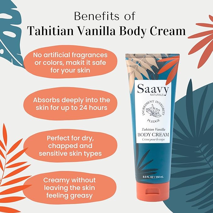 Saavy Naturals Tahitian Vanilla Body Cream for Men & Women, Absorbent Shea Butter Vegan Formula, Thick and Creamy, Naturally Scented Body Lotion for Dry Skin, 8.5 Oz, 2 Pack. Made in the USA
