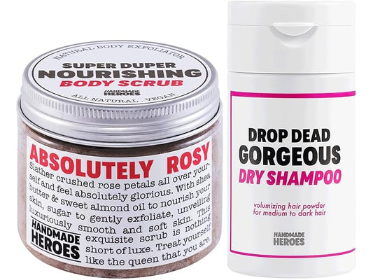 Rose Petal Scrub Foot & Body Exfoliator and Volumizing Hair Powder Dry Shampoo Bundle - 100% Natural Vegan Skin Care by Handmade Heroes
