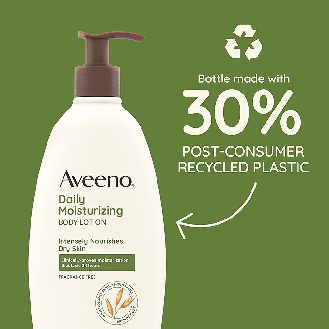 Aveeno Daily Moisturizing Body Lotion with Soothing Prebiotic Oat, Gentle Lotion Nourishes Dry Skin With Moisture, Paraben-, Dye- & Fragrance-Free, Non-Greasy & Non-Comedogenic, 18 oz, 2 Pack