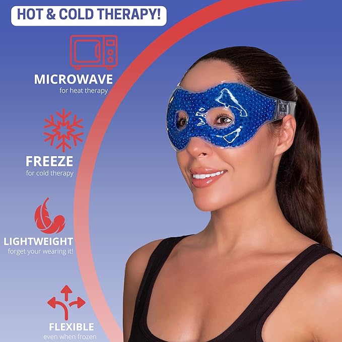 Gel Eye Mask - Hot Cold Compress Eye Therapy Pack | Cooling Mask for Puffy Eyes, Headaches, Dark Circles | Reusable | Ergo Gel Bead (Blue)