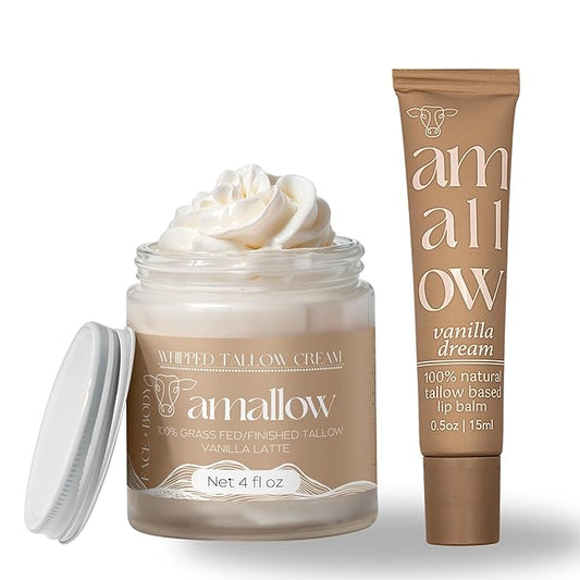 100% Grass Fed Beef Tallow Skincare & Lip Balm Set - Whipped Moisturizer for Face & Body (Vanilla Latte) + All Natural Tallow Lip Balm (Vanilla Dream)