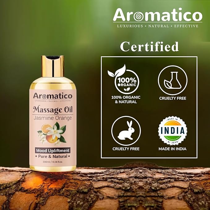 AROMATICO Massage Oil with Jasmine & Orange Essential Oils. Natural Power of Sesame, Almond & Jojoba Oils. Full Body Massage Oil for Relaxtion. for Men & Women - 10 Fl Oz
