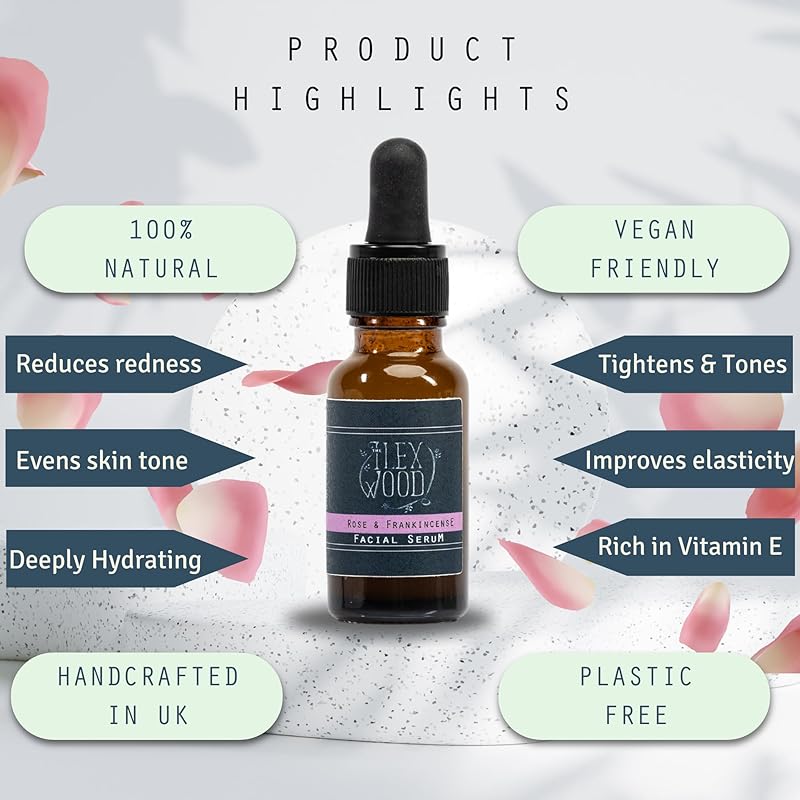 The Ilex Wood - Rose and Frankincense Face Serum - 100% Natural, Vegan, Moisturising, Anti Ageing, Wrinkle & Line Reducing Ingredients, Cruelty Free, Palm Oil Free, Plastic Free, Handcrafted - 20ml (0.68 fl oz)