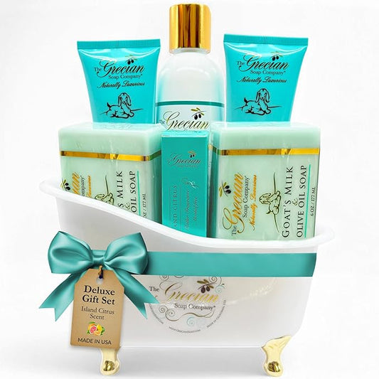 Deluxe Bathtub Gift Set, 6pcs Goat Milk & Olive Oil Skin Care Set, Birthday Gifts for Women, Bridal Shower Gifts, Gifts for Mom, Island Citrus Scent, Handmade in the USA