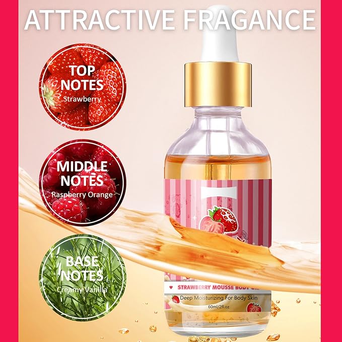 Strawberry Body Oil - Body Oils for Women - Sweet Scented Body Oil After Shower - Hydrating, Firming, Nourishing Body Moisturizer for All Skin Types - Organic Essential Oils for Skin