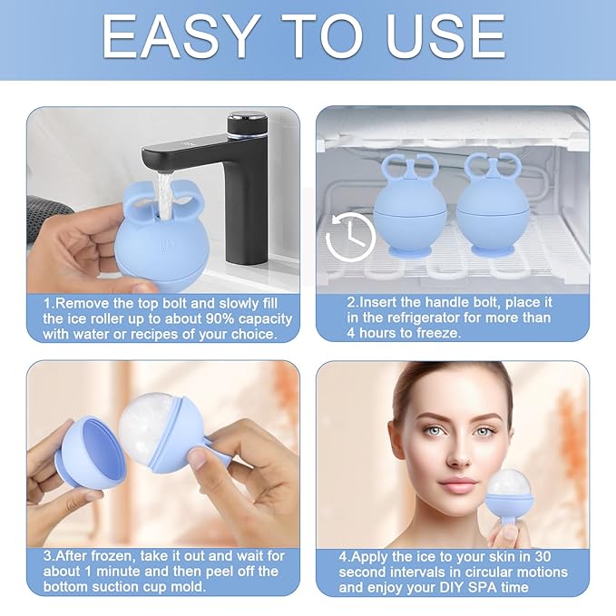 2 Pack Ice Roller for Face, Ice Face Roller for Eye Neck Body, Ice Cube Roller Massager Gua Sha Tool, Eliminates Puffiness, Reusable Facial Ice Mold, De-Puff Eye Bags, Women Skin Care (Blue and Blue)