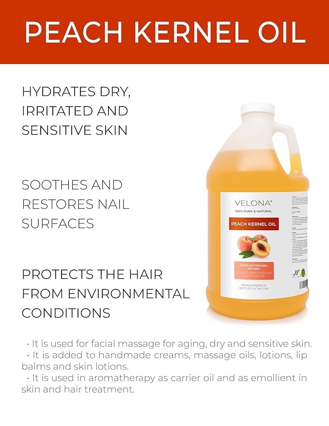 velona Peach Kernel Oil 64 Fl Oz | 100% Pure and Natural Carrier Oil | Refined, Cold pressed | Cooking, Skin, Hair, Body & Face Moisturizing | Use Today - Enjoy Results