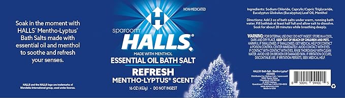 Halls Refresh Menthol with 100% Pure Essential Oils Aromatherapy Bath Salts, 16 oz, Eucalyptus, Menthol and Mentho-Lyptus Scent