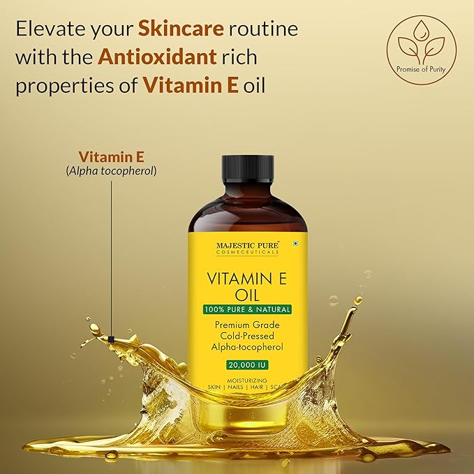 Majestic Pure Vitamin E Oil - 100% Pure & Natural, 20,000 IU | Premium Grade, Cold-Pressed and Tocopherol to Repair Dry, Damaged Skin| Moisturizing Skin, Hair and Scalp 4 Fl Oz