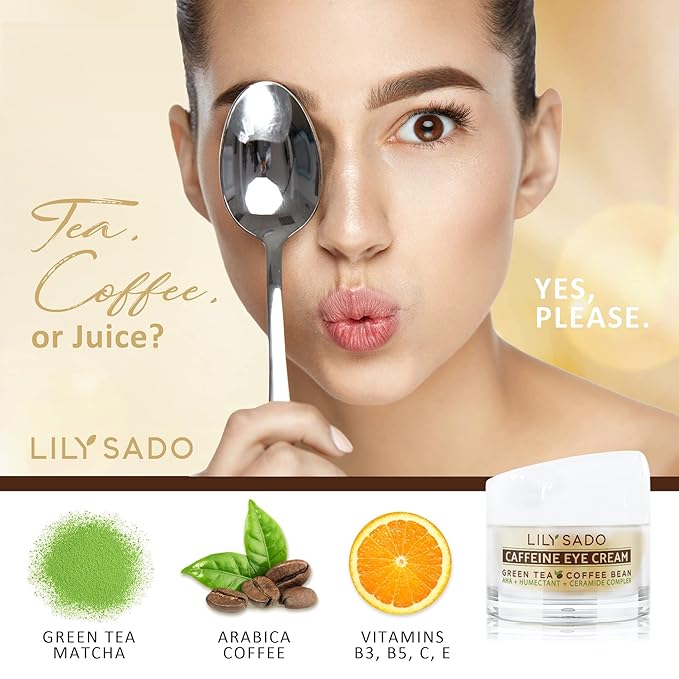 LILY SADO TEA+C™ Coffee & Matcha Caffeine EYE CREAM - Anti-aging Vegan Natural Eye Repair Moisturizer Lotion w Arabica Coffee Beans + Green Tea - Prevents Undereye Wrinkles, Puffiness, Dark Circles