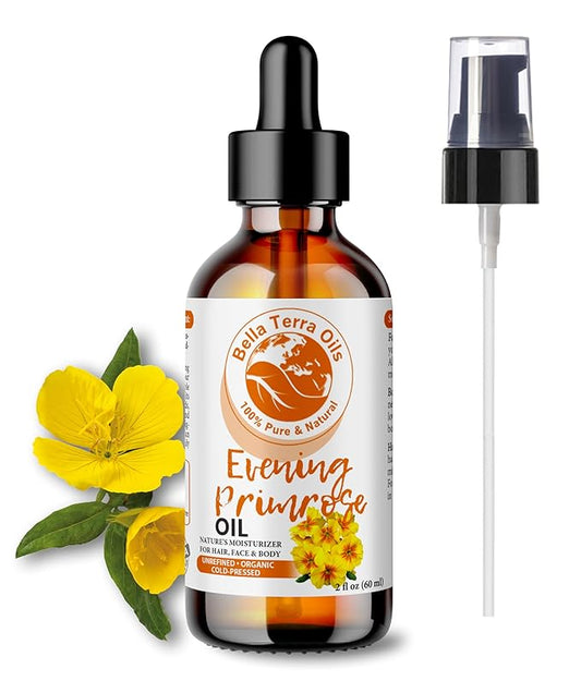 Bella Terra Oils - Organic Evening Primrose Oil 2oz - Celebrating Primrose's Nutrient Legacy, Infused with Vitamin E & Omega-6, Superior Oil Experience for the Skin