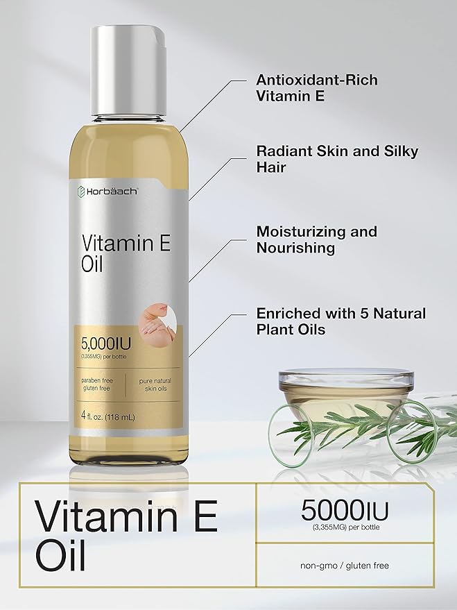Horbäach Vitamin E Oil | 5000 IU | 8 oz (2 x 4oz) Value Pack | for Skin, Hair, Face & Body | Vegetarian, Non-GMO, and Gluten Free Formula