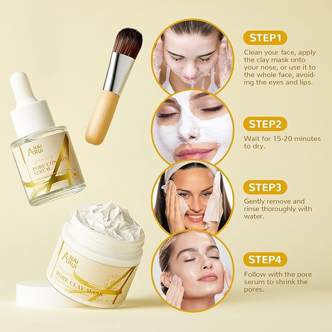 ANAI RUI 2 in-1 Pore SkinCare Set, Pore Clay Mask+Pore Minimizing Serum,Volcanic Pore Clay Mask for Nose&Face, Pore Reducer, Sebum Control Pore Exfoliating Solution, Skincare for Women