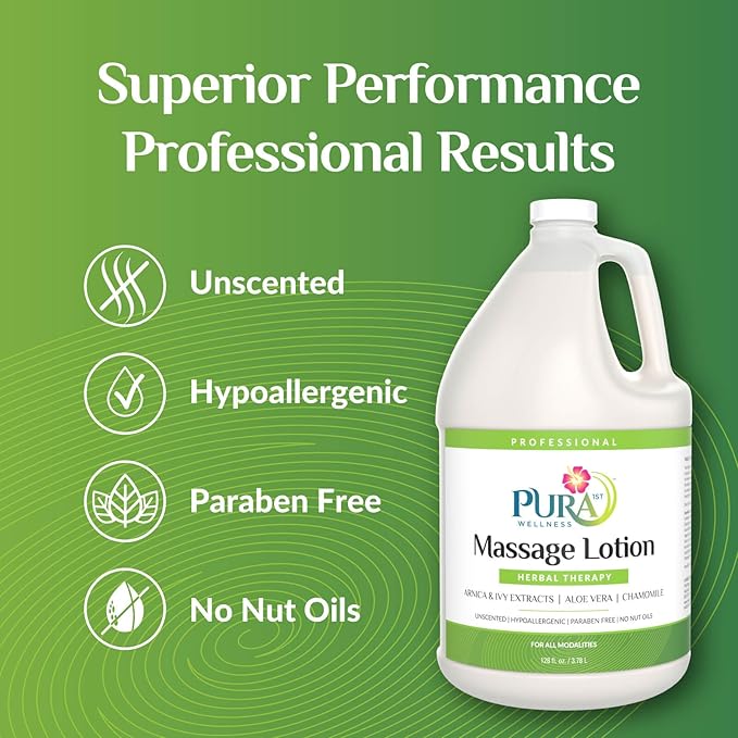 Herbal Massage Lotion, Hypoallergenic Formula for Muscle Relief, Professional Deep Tissue Therapy, Pura Wellness Herbal Lotion, Unscented Massage Lotion for Physical Therapy Recovery, 128oz