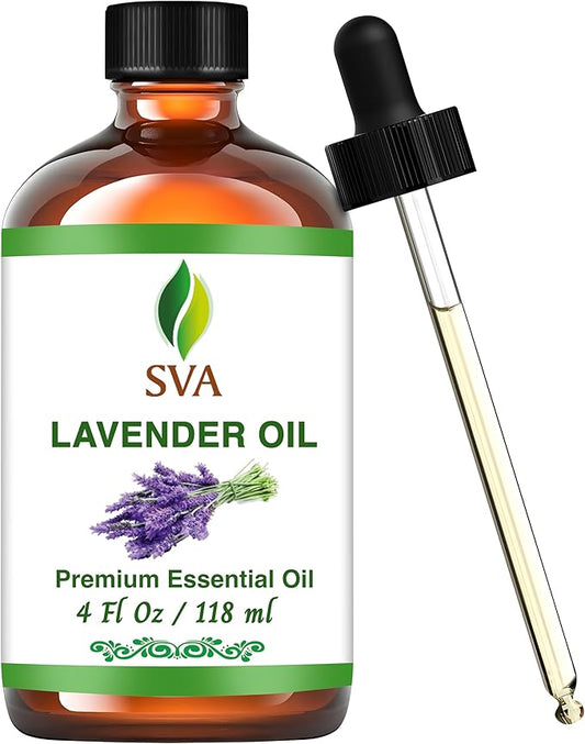 SVA Lavender Essential Oil – 4 Fl Oz – 100% Natural Lavender Oil - for Diffuser, Hair Care, Face, Skin Care, Aromatherapy, Scalp and Body Massage, Soap and Candle Making – with Dropper
