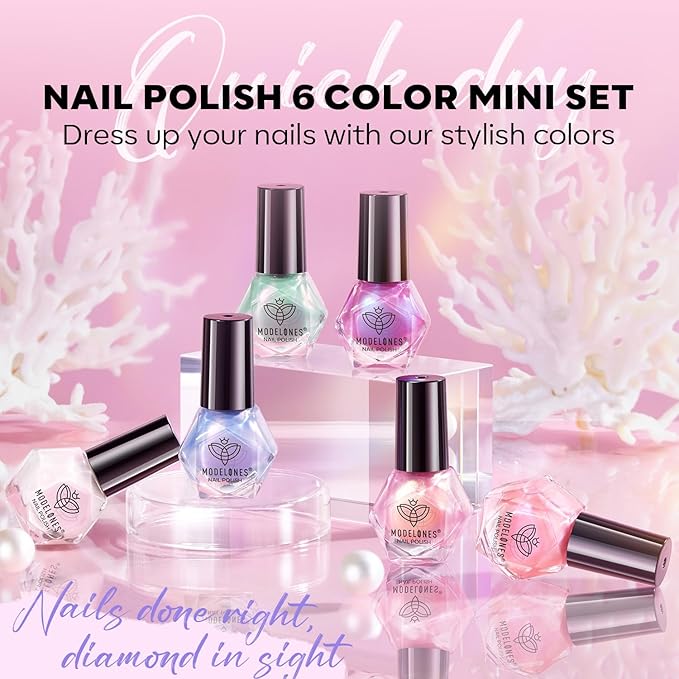 Modelones Pearl Nail Polish 6 Colors Shimmer Pearl White Pink Mermaid Purple Mini Nail Polish Set with Cuticle Remover Kit