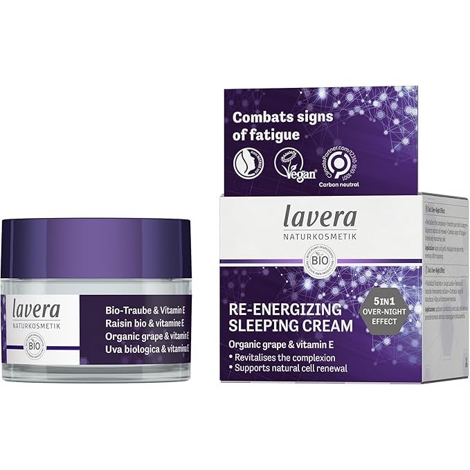 lavera Re-Energizing Sleeping Cream - night cream with grape & vitamin E - 5in1 over-night effect - revitalises & smooths complexion - combats signs of fatigue - natural cosmetics - vegan - 1.6 Fl Oz