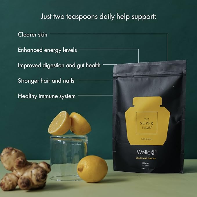WelleCo The Super Elixir Daily Greens Powder, Probiotic Drink Mix with Whole Foods, Gluten Free, Vegan Gut Health Powder, Energy, Immunity, Healthy Skin, Hair & Nails (300g, Lemon Ginger)