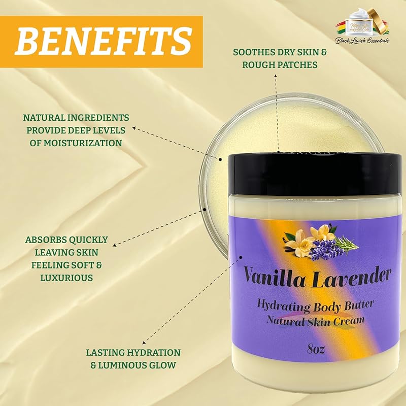 Ultra-Soft Shea Body Butter, Dry Skin Cream for Radiant Moisturized Skin, Natural Hydrating Body Lotion with Aloe Vera, Argan Oil, Rosehip Oil, (Vanilla Lavender, 8oz)