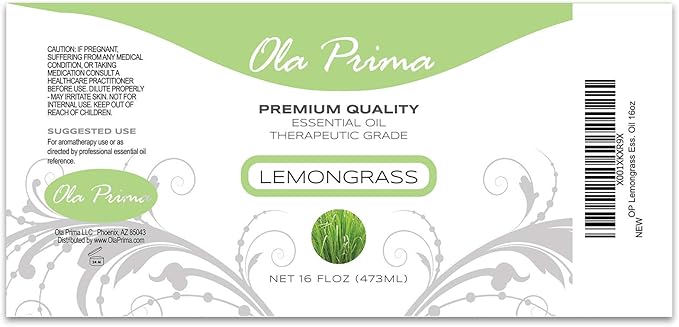 Ola Prima Lemongrass Essential Oil for Aromatherapy, Diffuser, Cleaning, Skin, Hair Health, Relaxation, Soap & Candle Making (16oz Bulk)